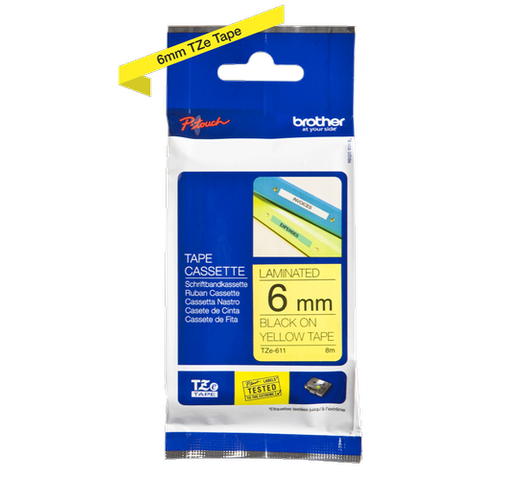 Brother TZe-611 Black On Yellow Tape